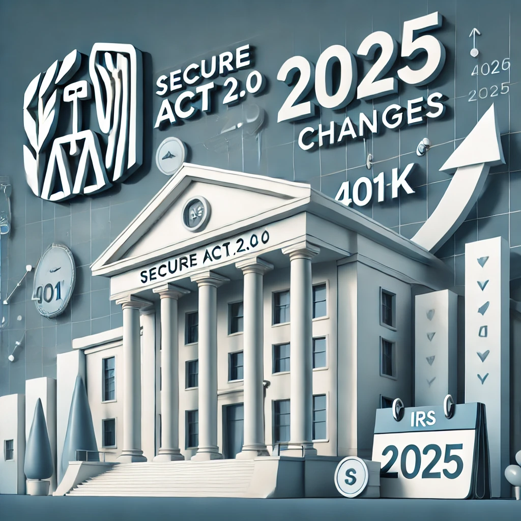 DALL·E 2024-11-20 22.32.04 - A modern illustration featuring the IRS building, with the text 'Secure Act 2.0 2025 Changes'.