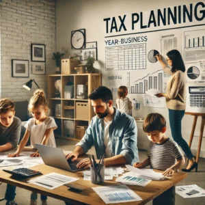 DALL·E 2024-12-04 23.30.22 - A realistic family scene focused on 2024 year-end tax planning.